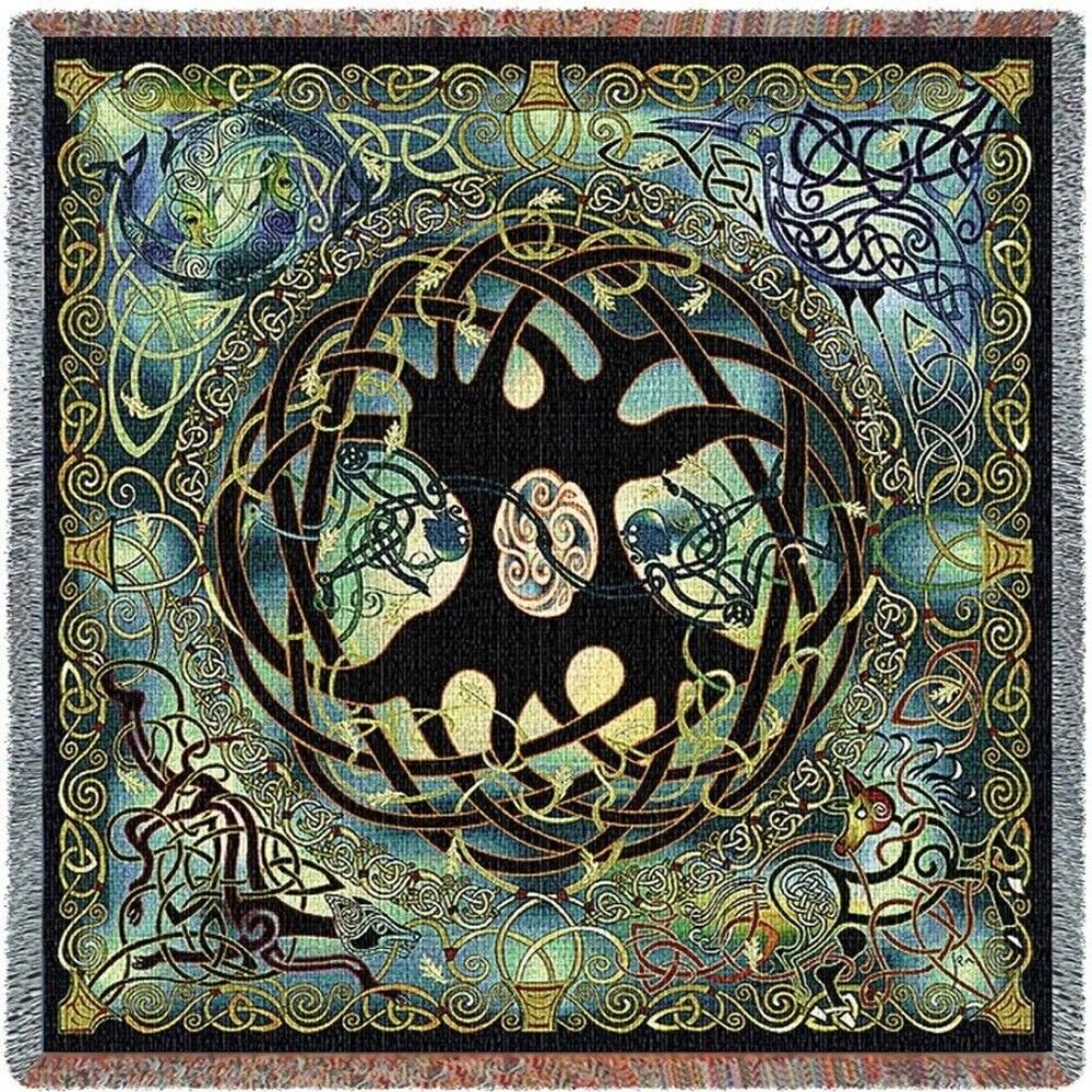 Celtic Tree of Life Woven Throw Blanket - Teal Black